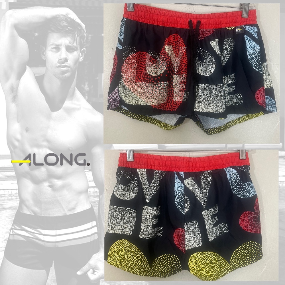 Along Swim Trunks 30-36" waist 1.5" inseam Polyester blend Gently worn No size